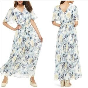 Gal Meets Glam Kiki Chiffon Flutter Sleeve Tropical Maxi Dress Size 2